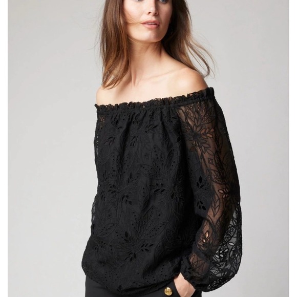 White House Black Market Eyelet Off Shoulder Top Black Blouse Size M - Picture 1 of 7